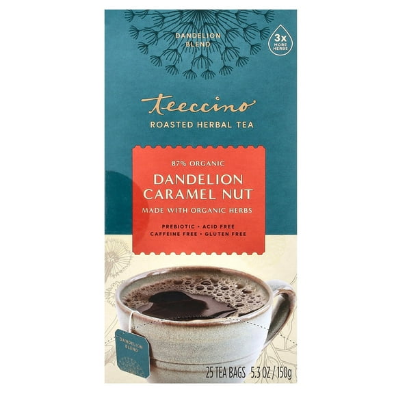 Teeccino Dandelion Caramel Nut Tea - Caffeine Free, Roasted Herbal Tea with Prebiotics, 3x More Herbs than Regular Tea Bags, Gluten Free - 25 Tea Bags