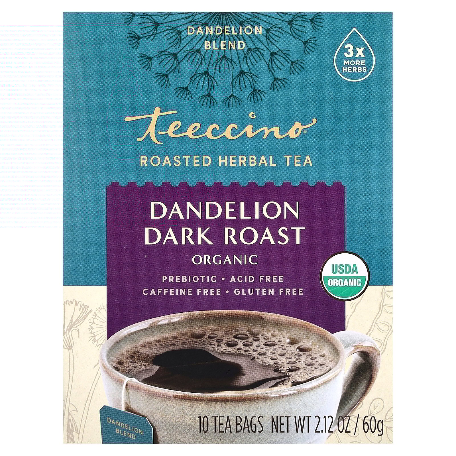 thumbnail image 1 of Teeccino Organic Roasted Herbal Tea, Dandelion, Dark Roast, Caffeine Free, 10 Tea Bags, 2.12 oz (60 g), 1 of 6