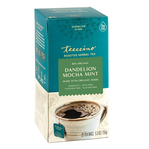 Teeccino Roasted Herbal Tea, Dandelion Mocha Mint, Caffeine Free, 25 Tea Bags, 5.3 oz (150 g)