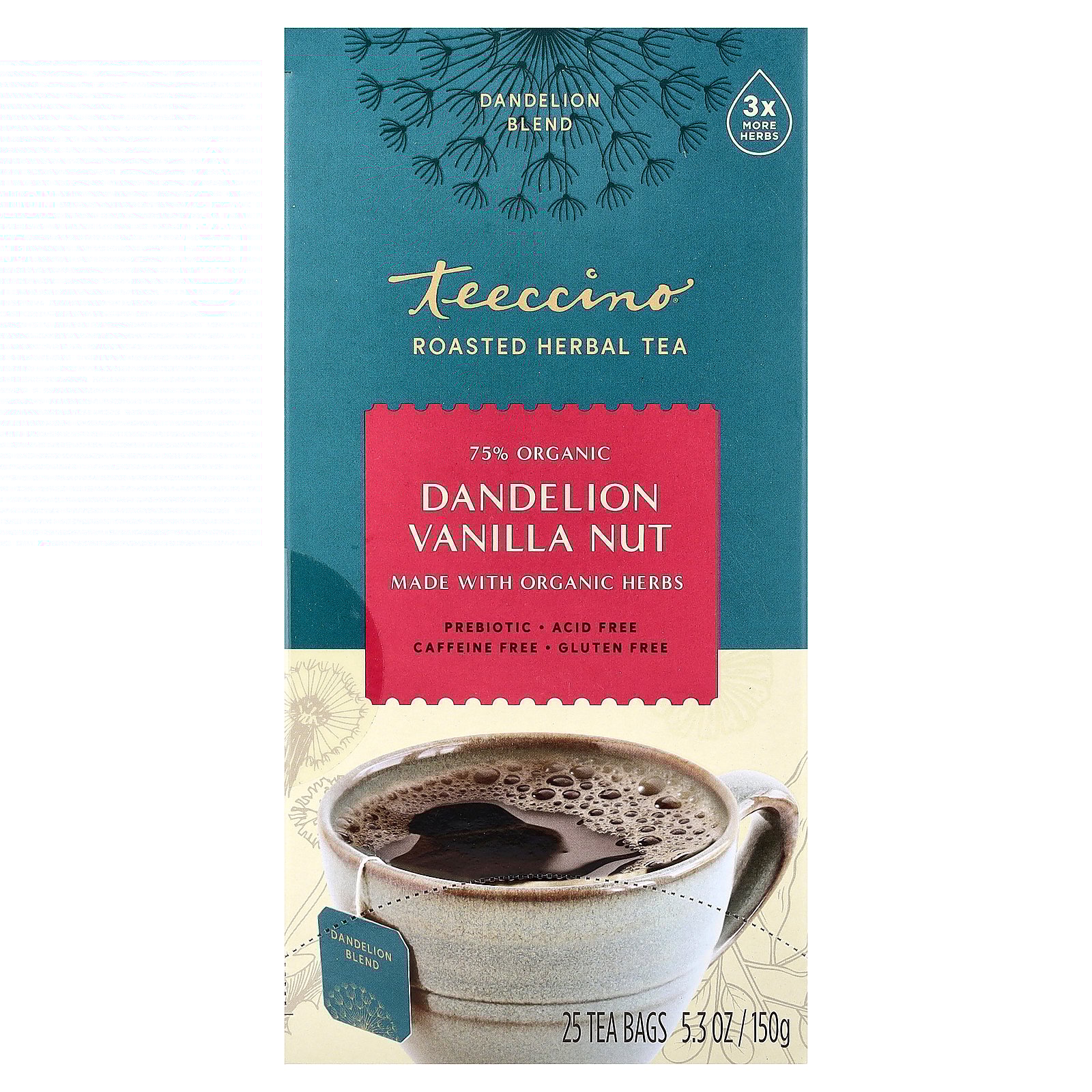 thumbnail image 1 of Teeccino Roasted Herbal Tea, Dandelion Vanilla Nut, Caffeine Free, 25 Tea Bags, 5.3 oz (150 g), 1 of 6