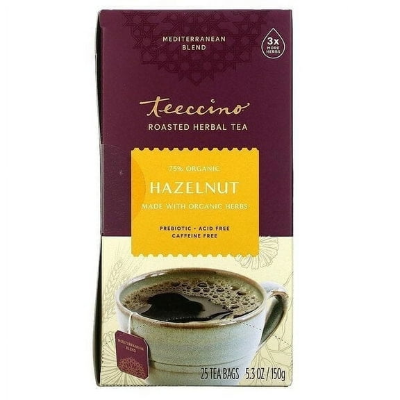 Teeccino, Roasted Herbal Tea, Hazelnut, Caffeine Free, 25 Tea Bags, 5.3 oz Pack of 3