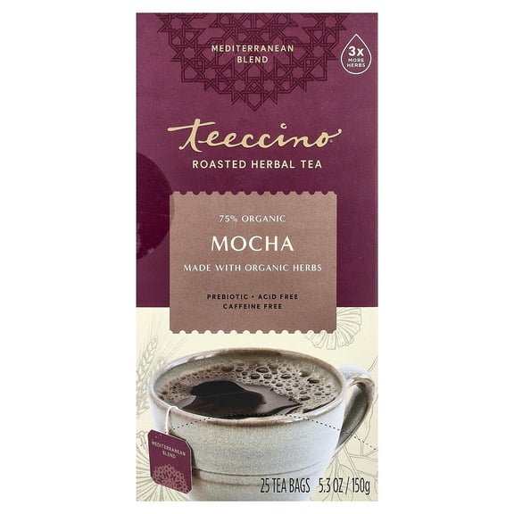 Teeccino Roasted Herbal Tea, Mocha, Caffeine Free, 25 Tea Bags, 5.3 oz (150 g)
