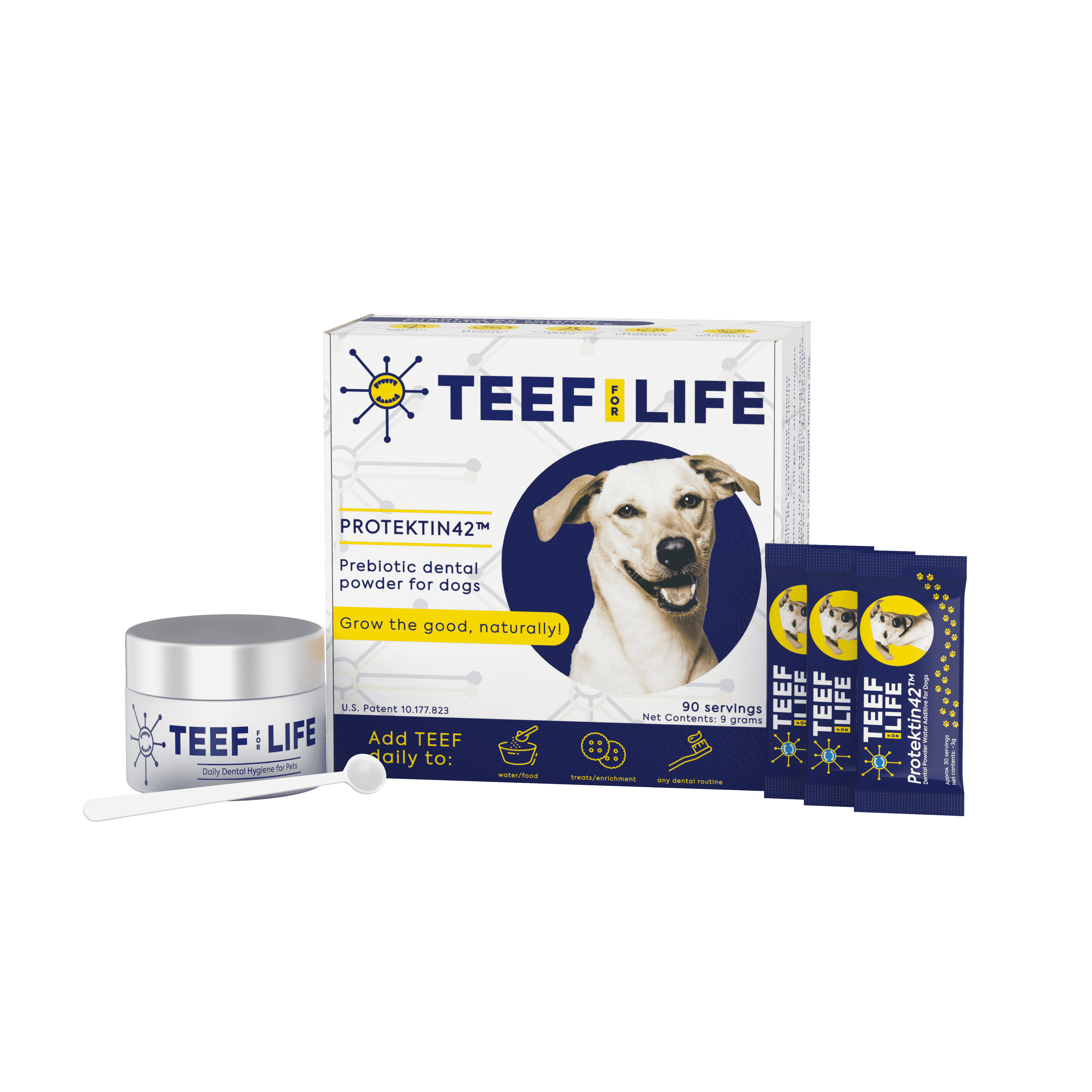 Teef for Life  - Prebiotic Dental Powder for Dogs, Clinically-Proven Formula Naturally Freshens Breath & Cleans Teeth, Kit with 90 Servings