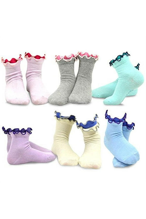 Teehee Girls Cotton Double Ruffle Short Crew Socks 6-Pack (Size 6-8)