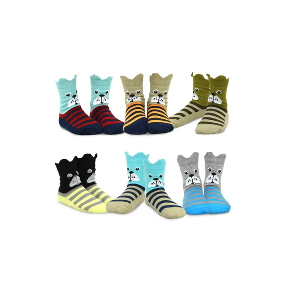 Teehee Kids Boys Cotton 6-Pack Ear Pop Out Crew Socks - Dog's Face, 6-8 Years