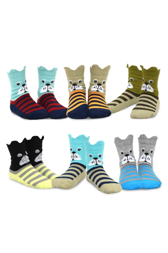 Teehee Kids Boys Cotton 6-Pack Ear Pop Out Crew Socks - Dog's Face, 6-8 Years