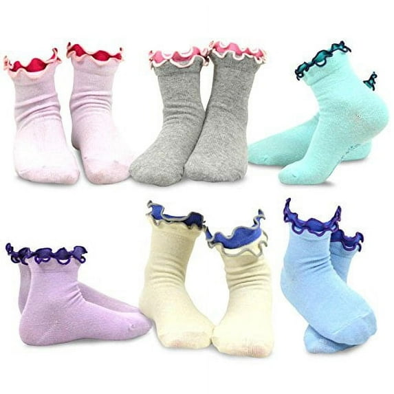 Teehee Socks Girls Cotton Double Ruffle Crew Socks, Multicolor (6 Pack)
