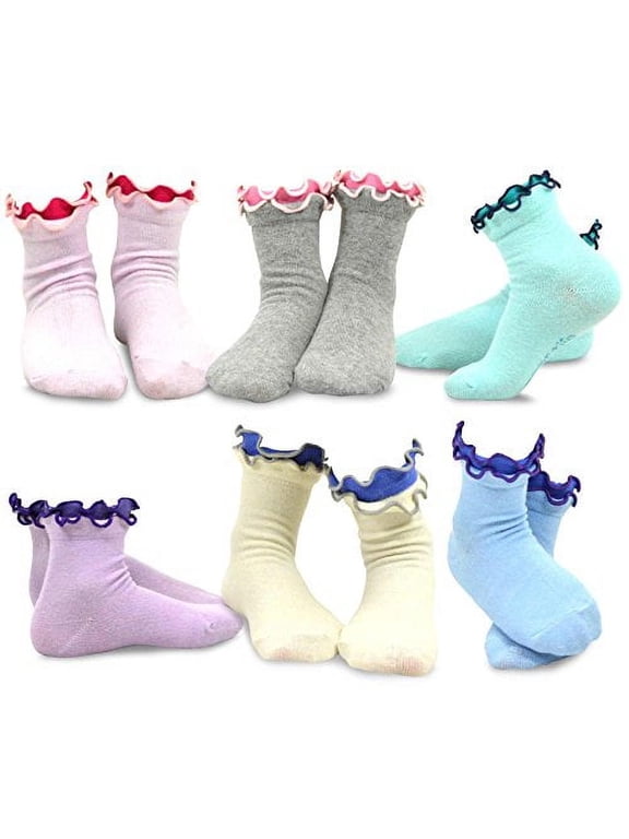 Girls Cotton Double Ruffle Crew Socks, Multicolor (6 Pack)