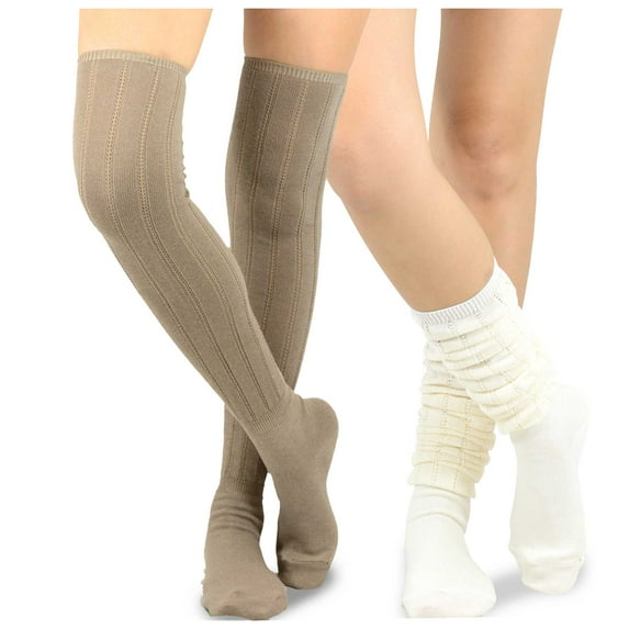 Teehee Women's Fashion Cotton Over The Knee Socks - 2 Pairs Pack (Pointelle Ivy/Tp)