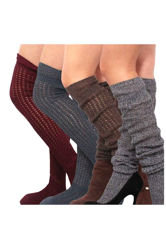 Teehee Women's Fashion Cotton Over The Knee Socks - 4 Pairs Pack (Marl Open Stitch)
