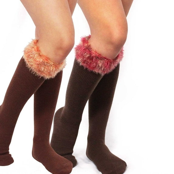 Teehee Women's Fashion Knee High Socks - 2 Pairs Pack (Soft Faux Fur Cuff)