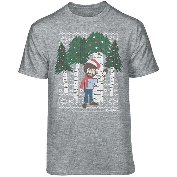 Teelocity Bob Ross Christmas Tree Hug Graphic T-Shirt (Athletic Dark Green Trees, Medium)