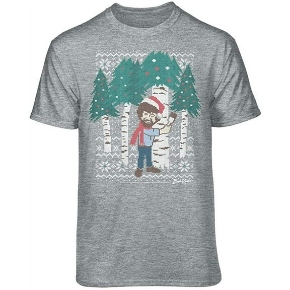 Teelocity Bob Ross Christmas Tree Hug Graphic T-Shirt (Medium - Standard Fit, Athletic Heather)