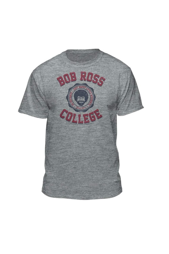 Bob Ross College Label Graphic T-Shirt (Large - Standard Fit, Athletic Heather Americana)