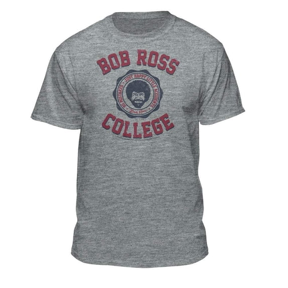 Teelocity Bob Ross College Label Graphic T-Shirt (X-Large - Standard Fit, Athletic Heather Americana)