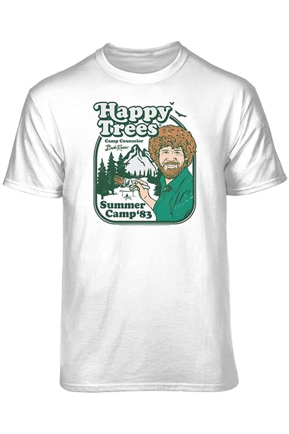 Bob Ross Happy Camp Graphic T-Shirt (Medium - Standard Fit, White)