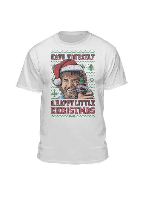 Bob Ross Happy Christmas Sweater Graphic T-Shirt (X-Large - Standard Fit, White)