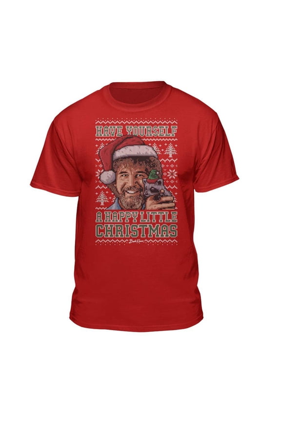 Bob Ross Happy Christmas Sweater Print Red Short Sleeve Graphic Tee