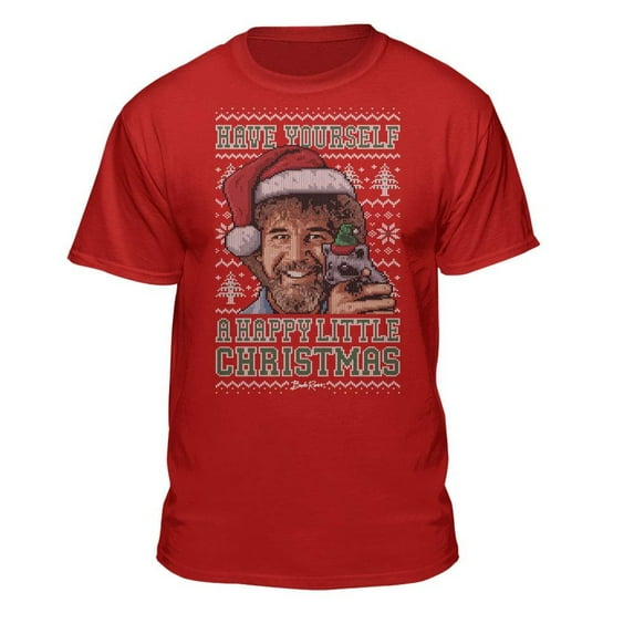Teelocity Bob Ross Happy Christmas Sweater Print Red Short Sleeve Graphic Tee
