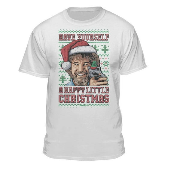 Teelocity Bob Ross Happy Christmas Sweater Print White Short Sleeve Graphic Tee
