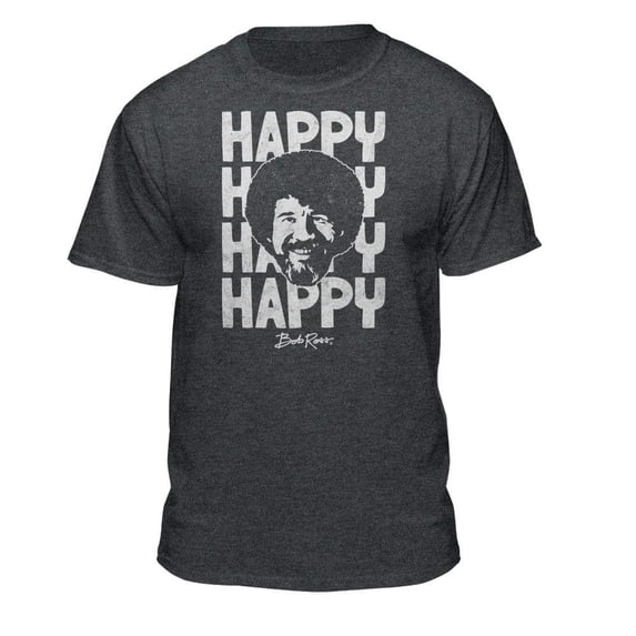 Teelocity Bob Ross Happy Graphic T-Shirt (Small - Standard Fit, Charcoal Heather)