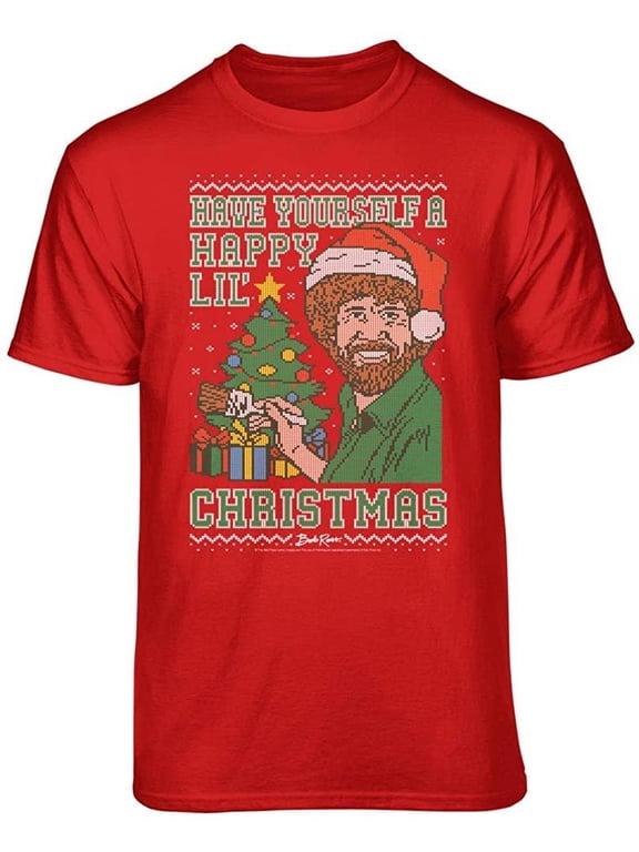 Bob Ross Happy Lil Christmas Graphic T-Shirt (Large - Standard Fit, Red)