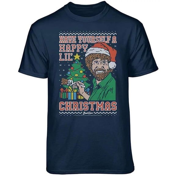 Teelocity Bob Ross Happy Lil Christmas Graphic T-Shirt (Medium - Standard Fit, Navy Green Outfit)