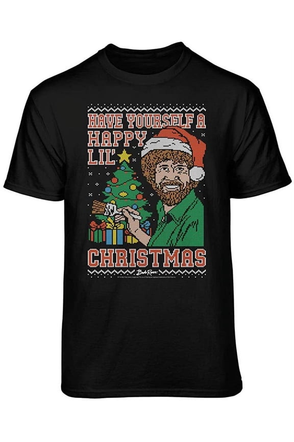 Bob Ross Happy Lil Christmas Graphic T-Shirt (Small - Standard Fit, Black)