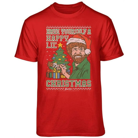 Teelocity Bob Ross Happy Little Christmas Red Short Sleeve Graphic Tee