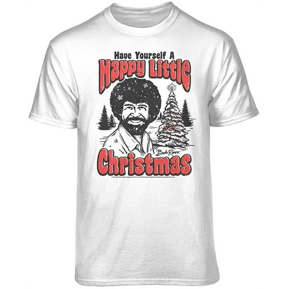 Teelocity Bob Ross Happy Little Christmas Scene Graphic T-Shirt (Medium - Standard Fit, White)