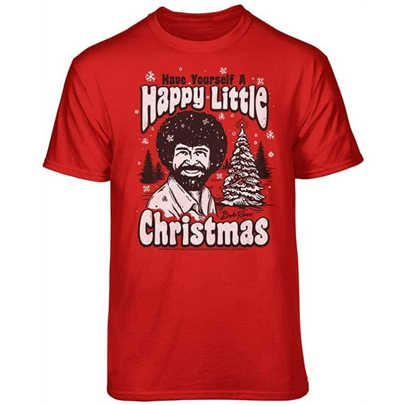 Teelocity Bob Ross Happy Little Christmas Scene Graphic T-Shirt (X-Large - Standard Fit, Red)