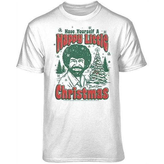 Teelocity Bob Ross Happy Little Christmas White Short Sleeve Graphic Tee