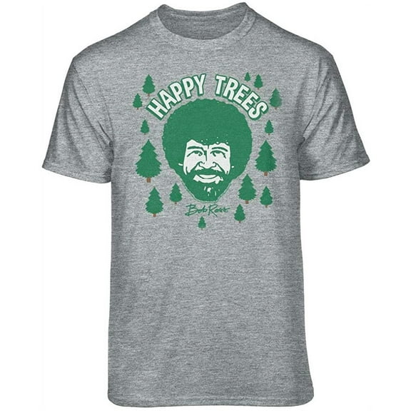 Teelocity Bob Ross Happy Trees Cartoon Graphic T-Shirt (Large - Standard Fit, Athletic Heather Green Art)