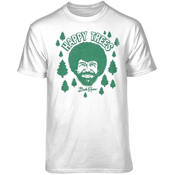 Teelocity Bob Ross Happy Trees Cartoon Graphic T-Shirt (Large - Standard Fit, White)