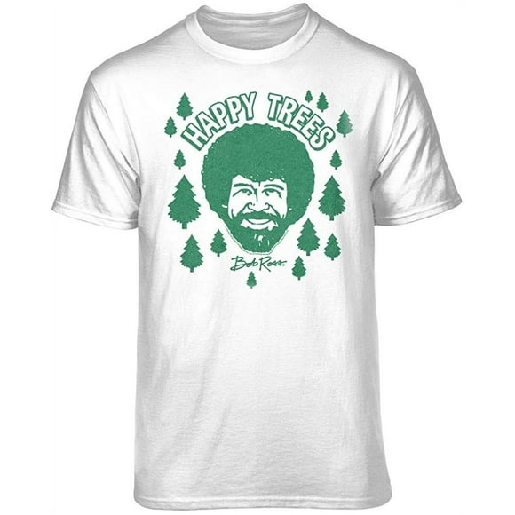 Teelocity Bob Ross Happy Trees Cartoon Graphic T-Shirt (Medium - Standard Fit, White)