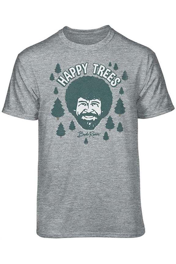 Bob Ross Happy Trees Cartoon Graphic T-Shirt (X-Large - Standard Fit, Athletic Heather Dark Blue Art)