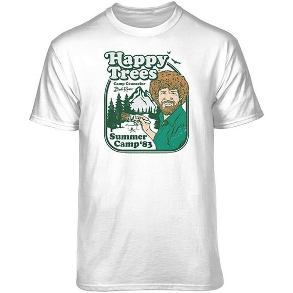 Teelocity Bob Ross Happy Trees Summer Camp White Short Sleeve Graphic Tee