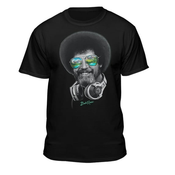 Teelocity Bob Ross Headphones & Shades Black Short Sleeve Graphic Tee