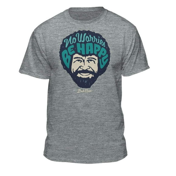 Teelocity Bob Ross No Worries Be Happy Graphic T-Shirt (Medium - Standard Fit, Athletic Heather)
