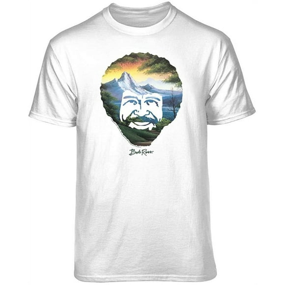Teelocity Bob Ross Paint Scene Graphic T-Shirt (Medium - Standard Fit, White)