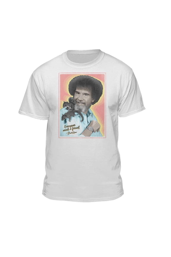Bob Ross Retro Photo Graphic T-Shirt (Medium - Athletic Fit, White)