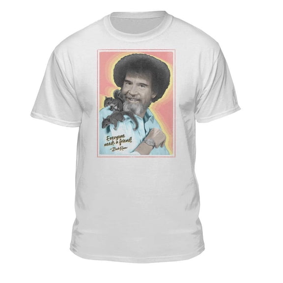 Teelocity Bob Ross Retro Photo Graphic T-Shirt (X-Large - Athletic Fit, White)