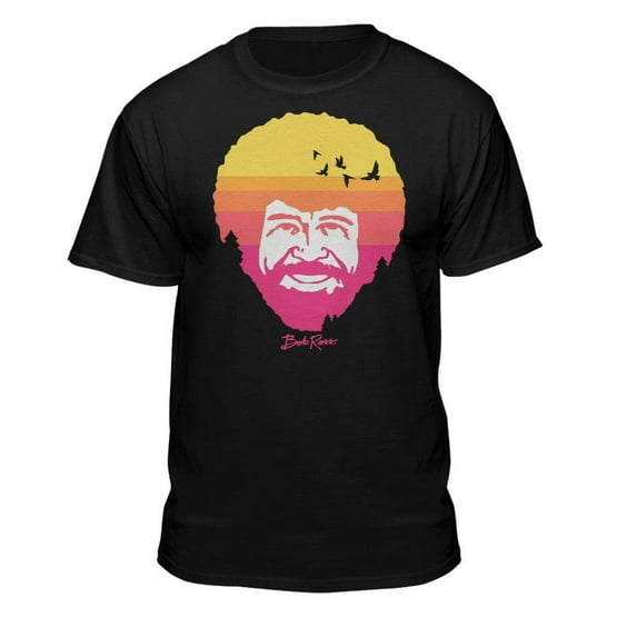 Teelocity Bob Ross Sunset Fill Graphic T-Shirt (3XL - Standard Fit, Black Neon)