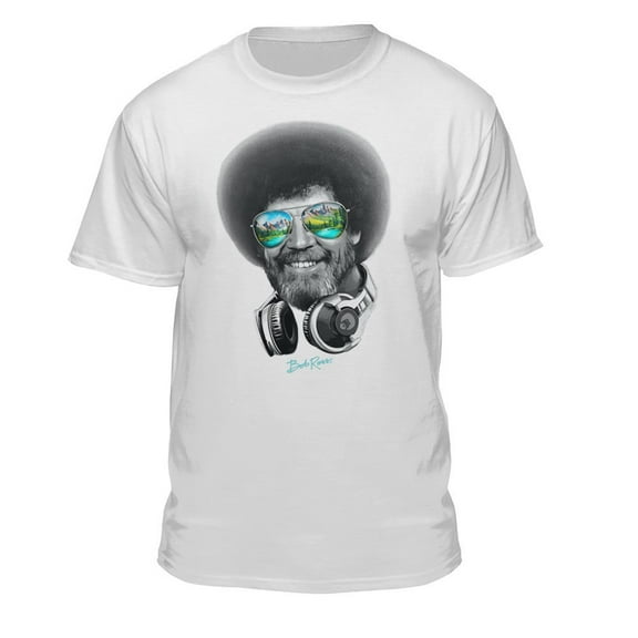Teelocity DJ Bob Ross Officially - Licensed Headphone & Shades T-Shirt, Uni-Sex tee Shirt, for Men, Women, and Children, Creative Shirt Design (X-Large, White)