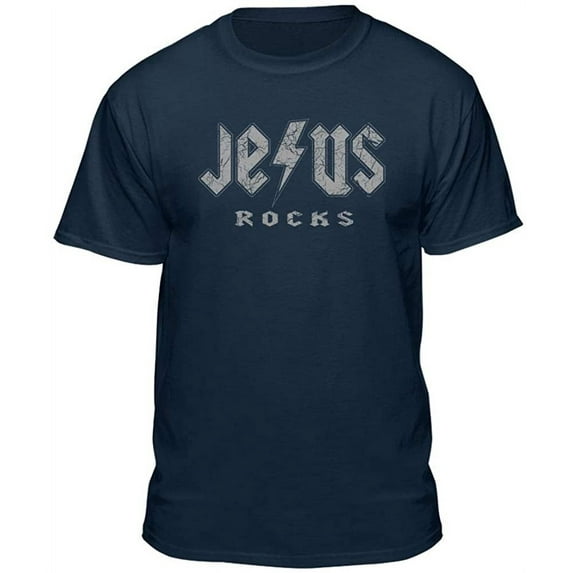 Teelocity Jesus Rocks Logo Graphic T-Shirt (Large - Standard Fit, Navy)