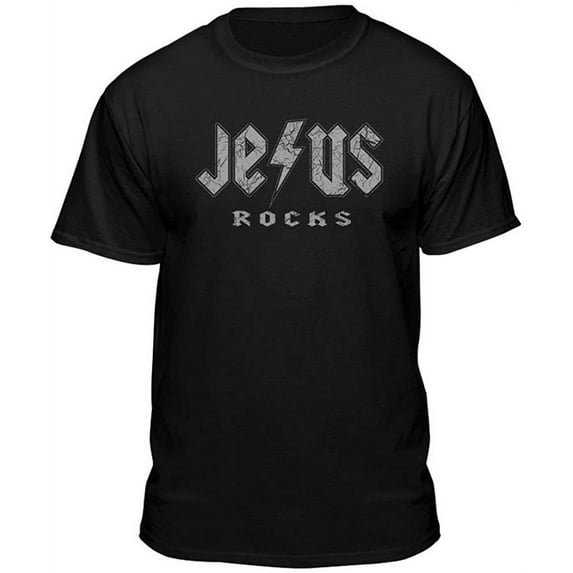 Teelocity Jesus Rocks Logo Graphic T-Shirt (Small - Standard Fit, Black)