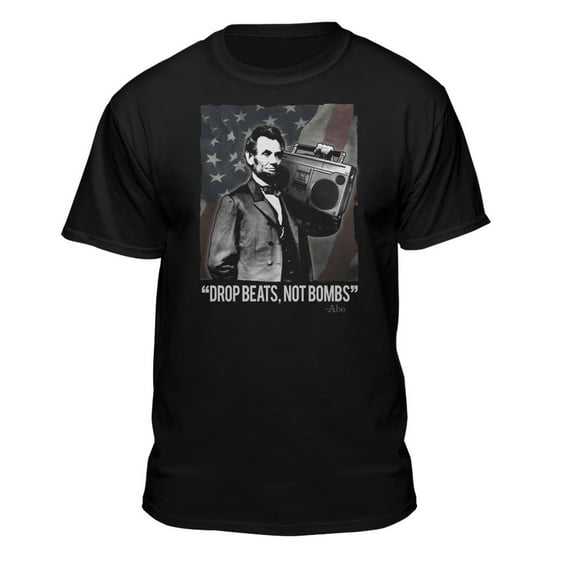 Teelocity Men's American Flag and Abraham Lincoln with a Boom Box Drop Beats not Bombs Black Relaxed Fit Short Sleeve Graphic T-Shirt