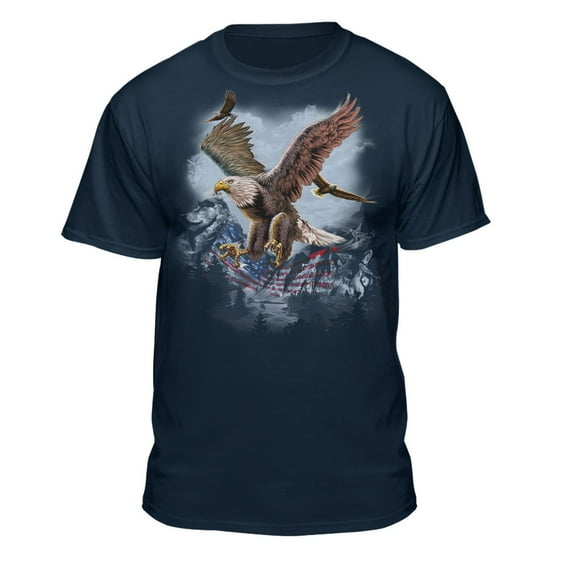 Teelocity Men's American Flag and Eagles Mountain Scene Navy Relaxed Fit Short Sleeve Graphic T-Shirt