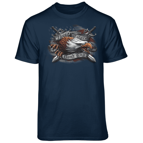 Teelocity Men's American Flag with Eagle and Swords "These Colors Don't Run" Navy Relaxed Fit Short Sleeve Graphic T-Shirt