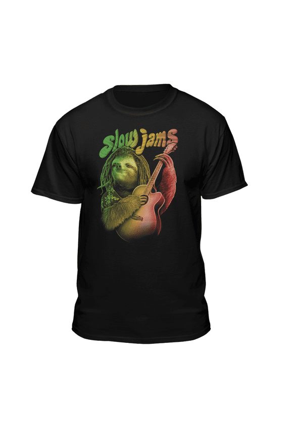 Men's Black Slow Jams Rasta Sloth Relaxed Fit Short Sleeve Graphic T-Shirt